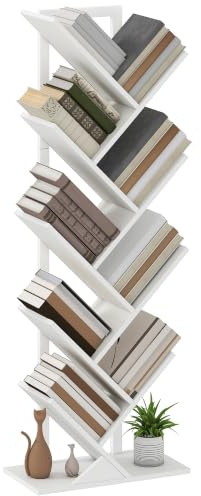 HOMCOM 9-Tier Tree Bookshelf Industrial Bookcase Steel Frame White | Free Standing, Display Storage Unit, for CDs, DVDs, Albums, Living Room, Bedroom, Home Office, Study