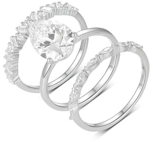 Engagement - Set di 3 anelli con taglio a goccia, 4 ct, moissanite 14 carati, in oro bianco 14 carati, misura 61 (19,4)