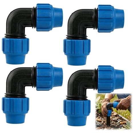 4 PCS Raccords Coudés, Raccord de Serrage, Connecteur PE 20 mm, 90° PP pour Tuyaux PE80/PE100, Installation Facile pour Eau Potable, Irrigation, Jardin, Réseaux d’Eau Intérieur et Extérieur
