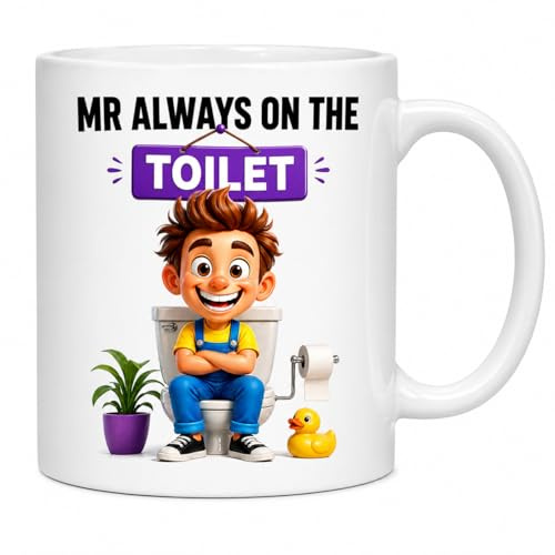 SASSY SIPS Personalised Mr Always on the Toilet Funny Ceramic Coffee Mug, White, Glossy Finish, Custom Name, 11oz, Cup, Big, Him, Boyfriend, Husband
