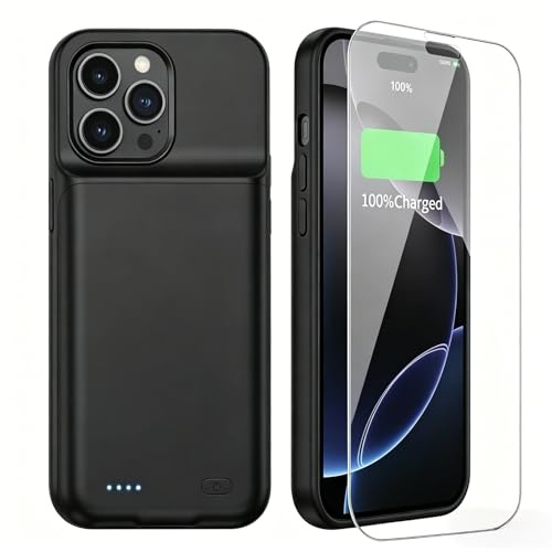 TAYUZH Akkuhülle für iPhone 16 Pro Max, 13800mAh, Laden und Schutz 2 in 1, Tragbare Ladebatterie Schutz Ladehülle, mit Schutzfolie Schwarz