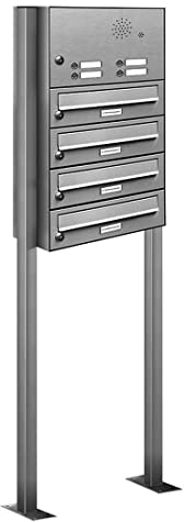 AL Briefkastensysteme 4er V2A Edelstahl Stand Briefkasten mit Klingel rostfrei als 4 Fach Briefkastenanlage DIN A4 in Postkasten Design modern