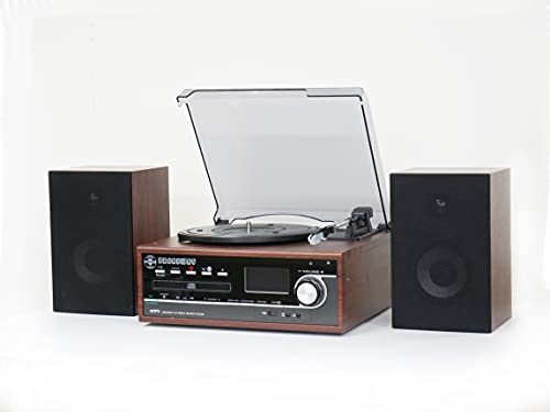 Steepletone Broadway - Centro de música Bluetooth 5 en 1 con CD, radio FM, reproductor de discos de 3 velocidades con capacidad para grabar vinilo o CD a USB