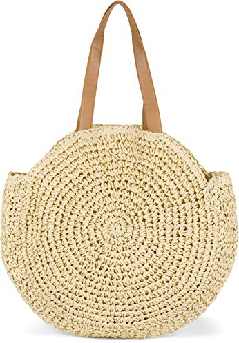 styleBREAKER runde Damen Basttasche mit langen Henkeln | Geflochtene Korbtasche als Strandtasche oder Shopper | Großes Hauptfach mit Reißverschluss, Farbe:Beige