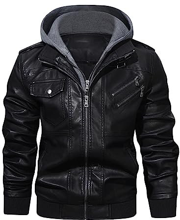 HOOD CREW Blouson de moto en similicuir avec capuche amovible pour homme, Noir , XL