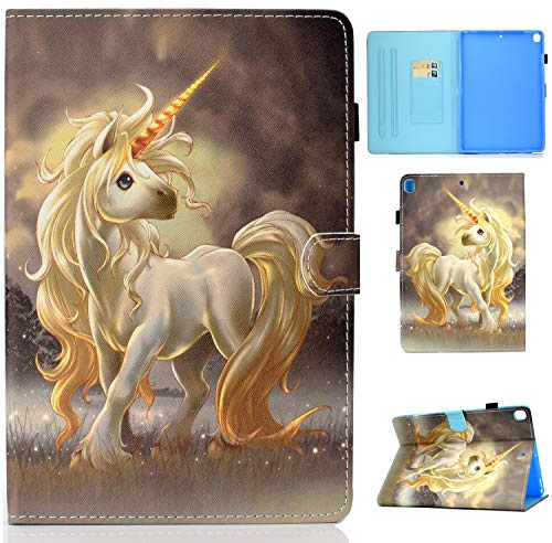 iPad 10.2 Hülle, Lspcase iPad 7 Generation 2019 10.2 Zoll Lederhülle Flip Stand Case Brieftasche Tasche mit Kartenfach und Auto Schlaf/Wachen Funktion für Apple iPad 10.2 Gold Einhorn