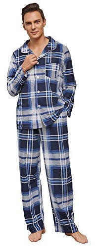 Vulcanodon Herren Pyjama Set karriert, Schlafanzug Herren weicher Druck Pyjamas für Männer, leichte warme Pyjamas mit Taschen (Blau-Weiß Kariert, XL)