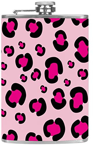 Leather Pocket Flagon Whiskey Flask with Handsel Funnel for Camping Fishing BBQ Party Bar Drinkers Wine Bottle Girly Pink Rosy Leopard Print Pattern