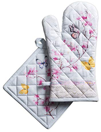 Maison d' Hermine Blossoms in Spring Ensemble de Gants de Cuisine 100% Coton (19cm x 33cm) et manique (20cm x 20cm) pour Barbecue, Cuisson, Micro-Ondes, Printemps/été, fête mères