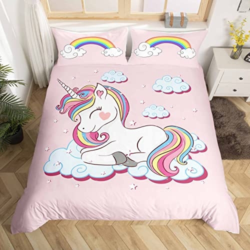 Loussiesd Kinder Bettwäsche 135x200 cm Mädchen Einhorn Bettwäsche Set Rosa Karikatur Einhorn Regenbogen Wolken drucken Bettbezug Set für Jugendliche Frauen Süß Tiere Dekorativ Betten Set Mikrofaser
