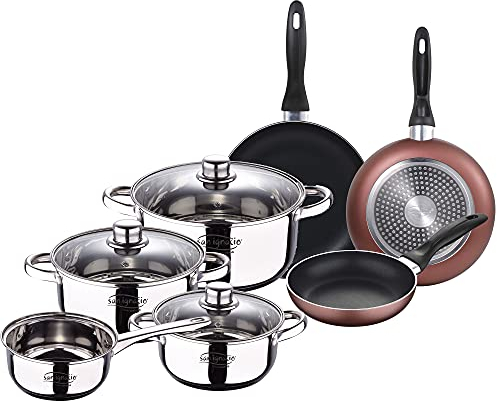 Bateria 7pcs acero inoxidable: Cazo sin tapa Ø16 (1.5L) / Cacerolas con tapa Ø18 (2.0L); Ø20 (3.0L) y Ø24 (4.0L) y Set de 3 sartenes Ø16/20/24 cm, alu