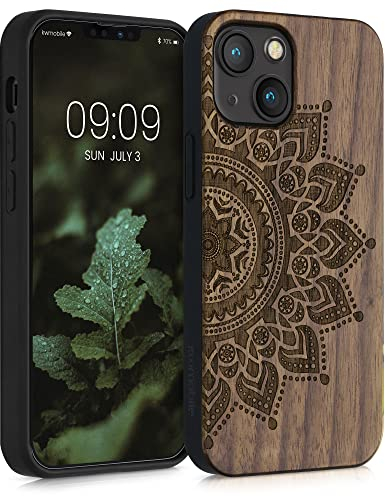 kwmobile Hülle kompatibel mit Apple iPhone 13 mini Hülle - Holz Case - Handy Cover - TPU Handyhülle in Dunkelbraun Aufgehende Sonne