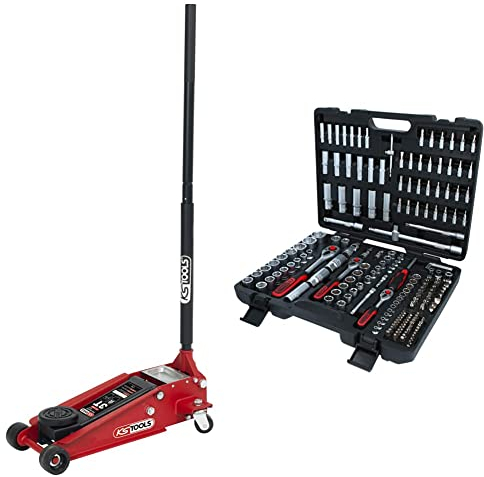 KS TOOLS 161.0366 - Cric Hydraulique 3 Tonnes - en Acier de Notre Gamme Formula Lift 3T - avec 2 Roues - Rouge et Noir & Caisse à Outils Complète en Coffret Douille de 1/4, 3/8 et 1/2 - 195 Pièces