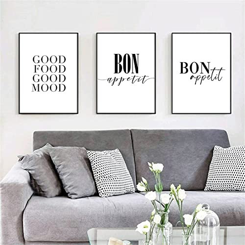Good Food Good Mood Minimalistische Bon Appetit Zitate Leinwand Gemälde Schwarz Weiß Wandkunst Poster Druck Küche Zimmer Dekor Bilder Rahmenlos 60 × 80 cm × 3 Stück