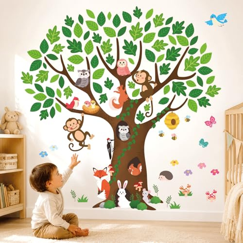 DECOWALL Giant Tree Wall Stickers Woodland Animal Wall Decals with Monkey Owl Fox Rabbit Birds, Peel and Stick Wall Art for Bedroom Living Room Decor (SG4-2211)