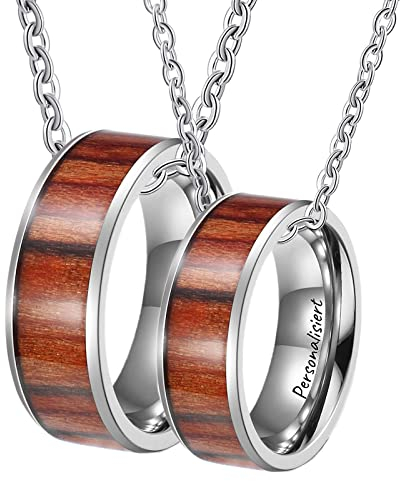 AMDXD Partner Ketten für Sie und Ihn Edelstahl, 2er Ringe Anhänger Holz Partner Ketten, Silber für Frauen Männer, Breite 8mm, Kettelänge 50cm 60cm