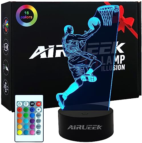 AIRUEEK 3D Basketball Geschenke Nachtlicht, Illusions LED Lampe mit 16 Farbwechseln und Fernbedienung, basketball deko zimmer, geschenke für basketballer