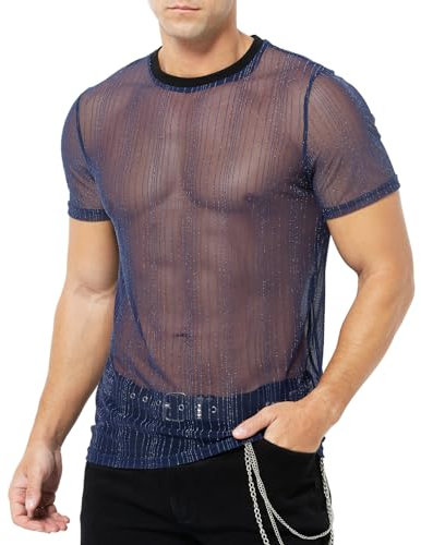 Casey Kevin Camiseta Transparente Hombre Camisa Fiesta Lentejuelas Negra Brillo Manga Corta Rejilla Brillante Rock Ropa Punk Muscle T-Shirt Discoteca Club Nocturno Jazz Hip Hop Dance Clubwear