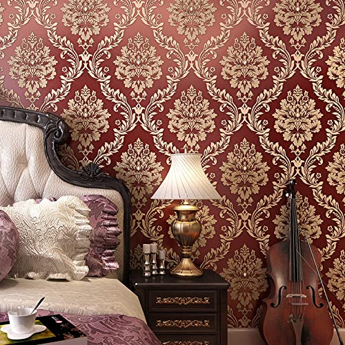 Q QIHANG European Luxury 3D Flower Damask Wallpaper for Bedroom Living Room Background Retro Home Non-Pasted Wall Paper Roll 1.73' W x 32.8' L (Red)