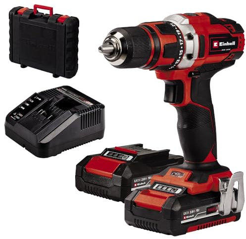 Einhell Taladro con batería TE-CD 18/40-1 Li Kit Power X-Change (18 V, 40 Nm, portabrocas de 13 mm, 2 marchas, 21 niveles de par + etapa de perforación, incl. 2 baterías de 2,0 Ah + cargador)