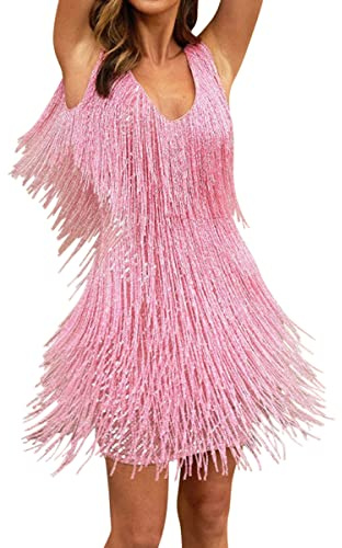 ORANDESIGNE Abito con Frange Senza Maniche Donna Abiti con Paillettes Charleston per Costume Festa Danza Latino Abito da Ballo Vestito Samba Rumba Tango Danza Moderna B Rosa XL