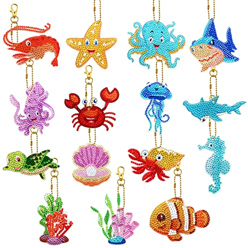 15 Stück 5D DIY Diamant Malerei Schlüsselanhänger Ocean Series Vollbohrer Diamond Painting Schlüsselanhänger Kits Diamantkunst Kristall Strass Anhänger Dekoration Kunsthandwerk für Mädchen Frauen