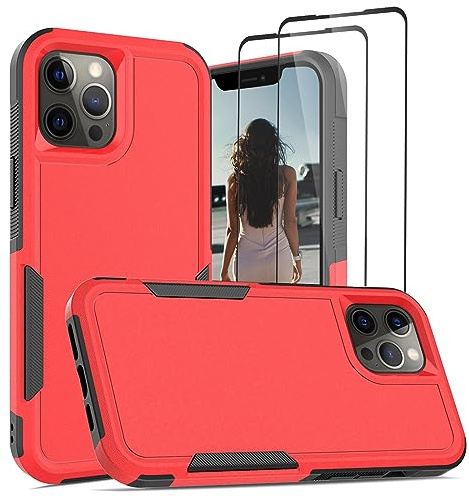 Jeylly 3 in 1 for iPhone 12 Pro Max Case with [2 Pack Tempered Glass Screen Protector] Hybrid Hard Plastic Soft Silicone Bumper Shockproof Rugged Cover for iPhone 12 Pro Max, Red