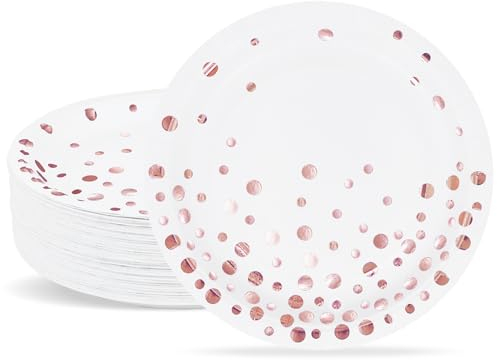 ZVK Platos de Papel, 23cm Blanco Platos con lámina de oro rosa 50 piezas Set de Platos de fiesta Platos de Cena Desechables