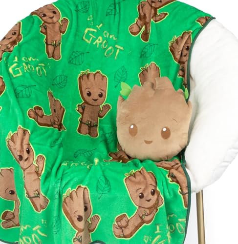 Jay Franco Marvel Guardians of the Galaxy Groot Nogginz Set – 101,6 x 127,7 cm Überwurfdecke und Kissen – superweiches 2-teiliges Kinder-Bettwäsche-Set