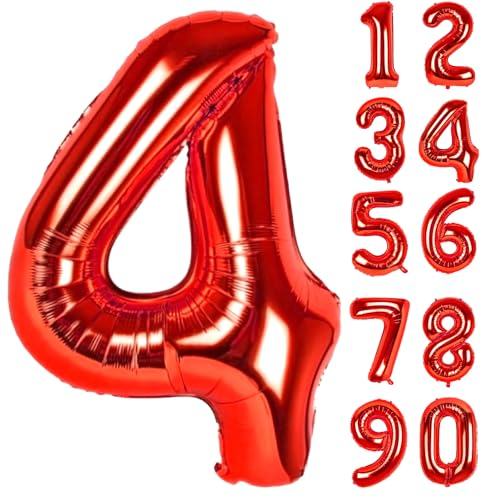 Zahlen Luftballons Geburtstag 4 Rot, Folienballon Riesen 86cm Helium Ballons Zahl Luftballon Zahlenluftballons Geburtstagsdeko Für Mädchen Junge Kindergeburtstag Babyparty Jubiläum Party Deko
