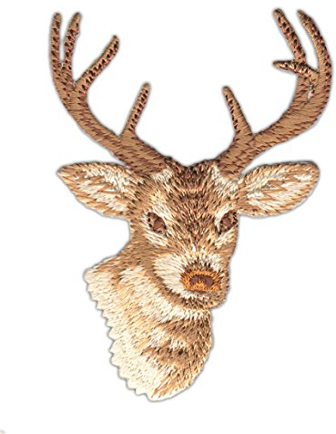 Hirsch Kopf Aufnäher zum aufbügeln oder aufnähen Bügelbild Geweih Aufbügler für Tracht Kleidung gestickter Bügelflicken Applikation Patch Größe 6,0 x 8,7 cm