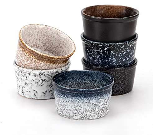 PARMEDU Juego de Cazuelas para Gratinados y Soufflés: 6 Tazas de Cerámica de 180ml, Estilo Zen, Aptas para Lavavajillas y Horno para Puddings, Brûlées, Soufflés, Helados, Salsas y Aperitivos