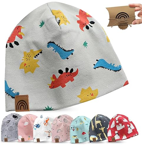 fenchi's AUSTRIA Kinder Beanie Mütze mit süßen Motiven und Geschenkverpackung, Regenbogen Leder Label, Baumwolle (DE/NL/SE/PL, Alter, Einheitsgröße, Grau_Dino)
