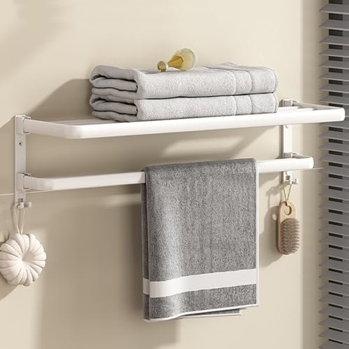 XINYASEE Porte-Serviettes Pliant en Aluminium Mural, Sans Perçage, Double pour Cuisine, Balcon et Salle de Bains (Blanc, 50cm)