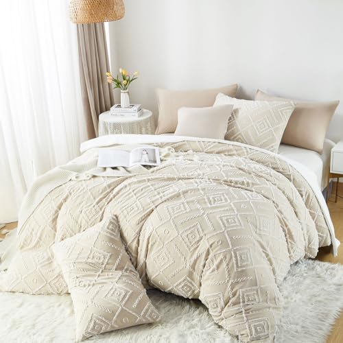 Lanqinglv Getuftet Bettwäsche 155x220cm Beige Boho Geometrische Vintage Wendebettwäsche Set aus Microfaser Shabby Chic Bohemian Bettbezug mit Reißverschluss und 1 Kissenbezug 80x80cm