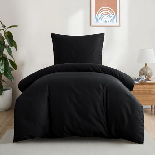 Aisbo Bettwäsche 155x220 Baumwolle Schwarz - Bettwäsche-Sets Bettbezug 155x220 mit Kissenbezug 80x80 cm, Baumwollbettwäsche Set, Oeko-TEX Bettwäsche Schwarz mit Reißverschluss