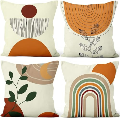 Kissenbezug Abstrakt, Uiiooazy Kissenbezüge Boho Terracotta Grün Blätter Sonne Bogen Muster Quadratisch Kissenhülle Samt Zierkissenbezug für Sofa Couch Schlafzimmer Wohnzimmer Auto, 4er Set, 30Bx30Hcm