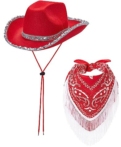 ESSECMBS Damen Cowboyhüte+Bandana 2 Stück Breite Krempe Western Stil Pailletten Cowgirl Hüte und Quastenschal Set für Party (Rot Pailletten, 2Pcs)