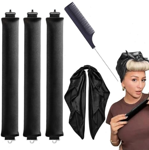 2 Stück/3 Stück hitzefreier Lockenwickler Satin Heatless Curls Overnight Blowout Rods mit quadratischem Handtuch und spitzem Schwanzkamm, elastische Locken über Nacht für langes Haar, kurzes Haar