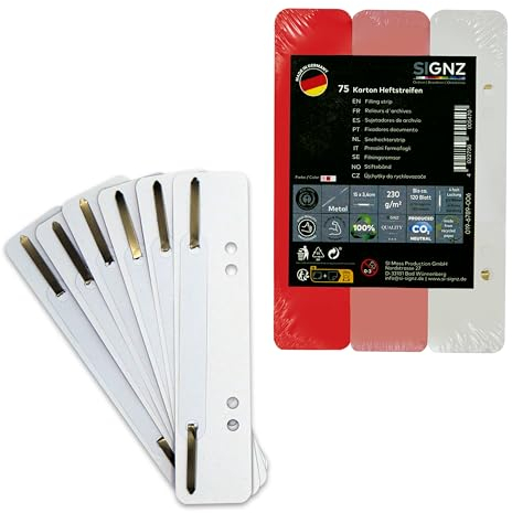 SIGNZ Heftstreifen Pappe, 75 Stück, 25 x 3 Farben, Recycling-Karton, CO2-neutral hergestellt, made in Germany (75 Stück, rosa, rot, weiß)