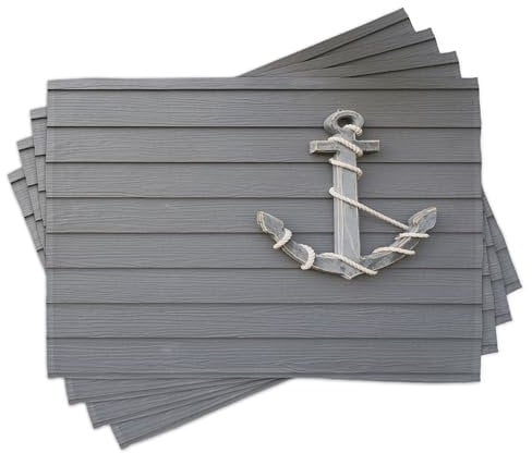 ABAKUHAUS Anker Platzmatten 8 Stück, Nautische Thema Holzanker mit dem Seil an der Wand Maritime Thema Foto Muster, Waschbare Stoff Esszimmer Küche Tischdekorations, Blau Grau