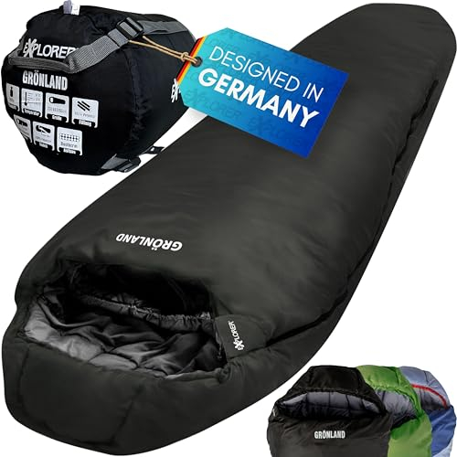 EXPLORER® GRÖNLAND Schlafsack -23°C -5°C [350GSM] 3-4 Jahreszeiten Winter Mumienschlafsack Erwachsene[1900g] 230x82x55cm Zip-Rechts Schwarz ideal für Outdoor, Camping, Trekking und Reisen