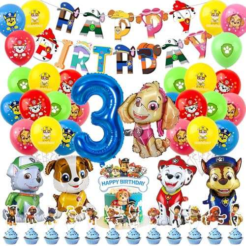 Geburtstag deko 3 Jahre, Paw Dog Luftballon Kindergeburtstag Deko Geburtstag, Kinder Party Deko, Tortendeko, Happy Birthday Banner für Jungen, Mädchen, Kinder, Thema Party