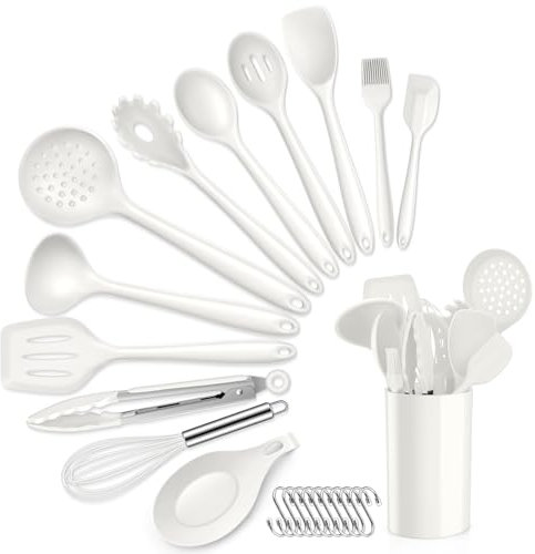 HaWare Juego de utensilios de cocina de silicona, juego de 13 utensilios de cocina blancos con soporte, herramientas de cocina resistentes al calor que incluyen espátula giratoria, antiadherente, apto