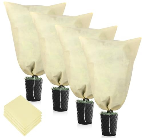 YTOPRO 4pcs Winterschutz-Haube, 80g/m² 60x80cm Frostschutzhaube für Pflanzenmit mit Zugband, Garden Winterschutzvlies für Pflanzen für Wetterfest, Kälte, Vögel und Insekten Beige
