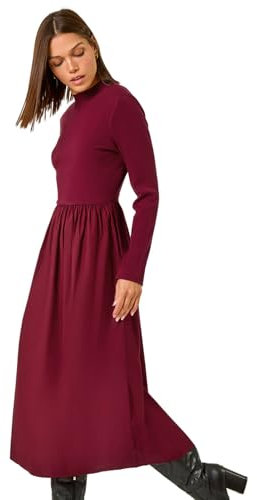 Roman Originals Midi Dress with Pockets for Women UK Ladies Stretchy Jersey Maxi Long 3/4 Length Sleeve Gathered High Waist Boho Flattering Skater Swing Fit Flare - Plain Wine - Size 20