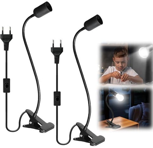 Behogan Lot de 2 lampes à pince - Culot E27 - Lampe à pince réglable à 360 ° - Lampe à pince avec col de cygne flexible et interrupteur - Lampe de lecture LED pour lit - Éclairage intérieur - Noir