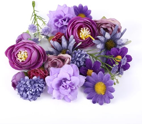 ChauLanBow 20 Stück Kunstblumen Klein, Künstliche Blumen, Dekoblumen, Kunstblumen Köpfe, Künstliche Blumenköpfe, Blütenköpfe, Kunst Blumen, Plastikblumen Deko für Brautstrauß Torte Party (Lila)