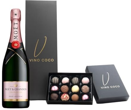 Vino Coco Moët & Chandon Pink Champagne Gift Set | Moët & Chandon Rosé Impérial Brut Champagne Gift Set with 12 Luxury Chocolate Truffles - 12% ABV