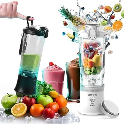 STORMIX Blender - Blender portátil inalámbrico - 6 Cuchillas de Acero Inoxidable - 150 W Potente y rápido - Batidos, cocteleras, Hielo picado - 600 ml - USB-C Recargable - autolimpieza - diseño